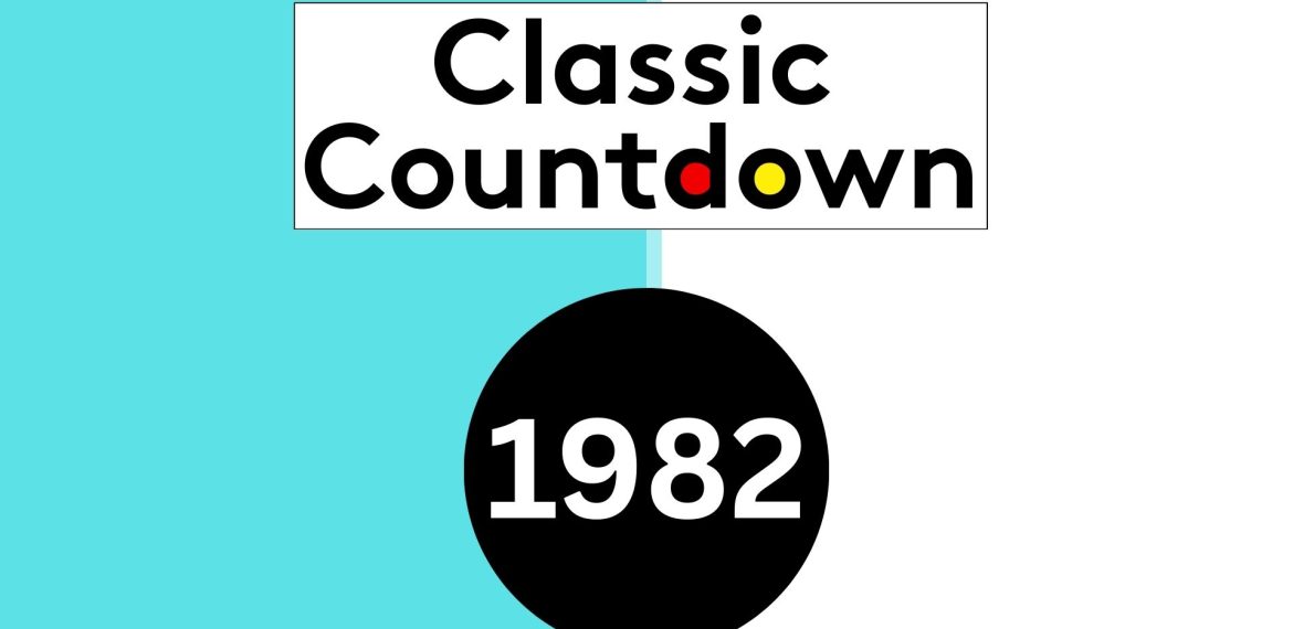 A graphic split into turquoise and white halves with Classic Countdown in bold black text above a large black circle displaying 1982 in white, while the o’s in Classic Countdown are highlighted in red and yellow.