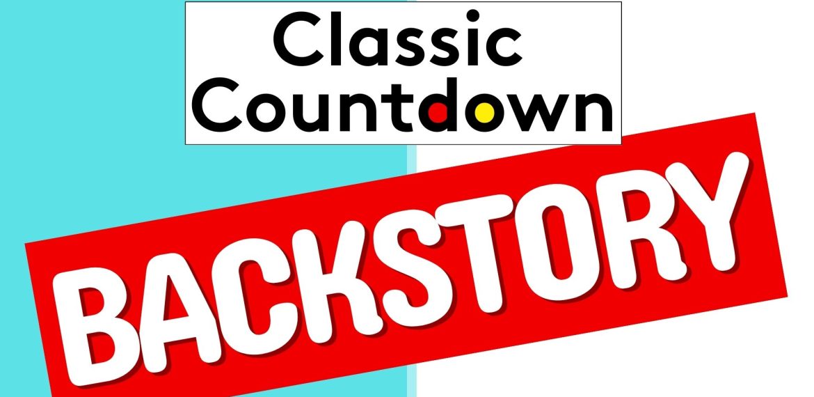A graphic with the words Classic Countdown in a white box and BACKSTORY in bold white letters on a red diagonal banner over a split blue and white background, featuring Yazoo as the highlighted artist.