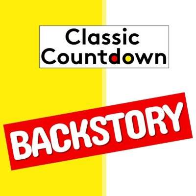 A graphic with Classic Countdown in black text on a white box, and BACKSTORY in bold white letters on a red banner, set against a half yellow, half white background—perfect for celebrating Shania Twain’s greatest hits.