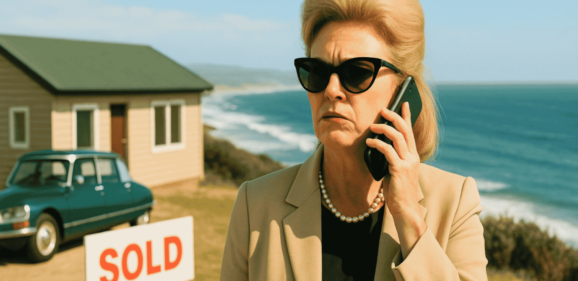 A woman wearing sunglasses and a beige Lipschitz suit talks on a cellphone near a house by the ocean. A SOLD sign and a vintage green car are visible in the background.