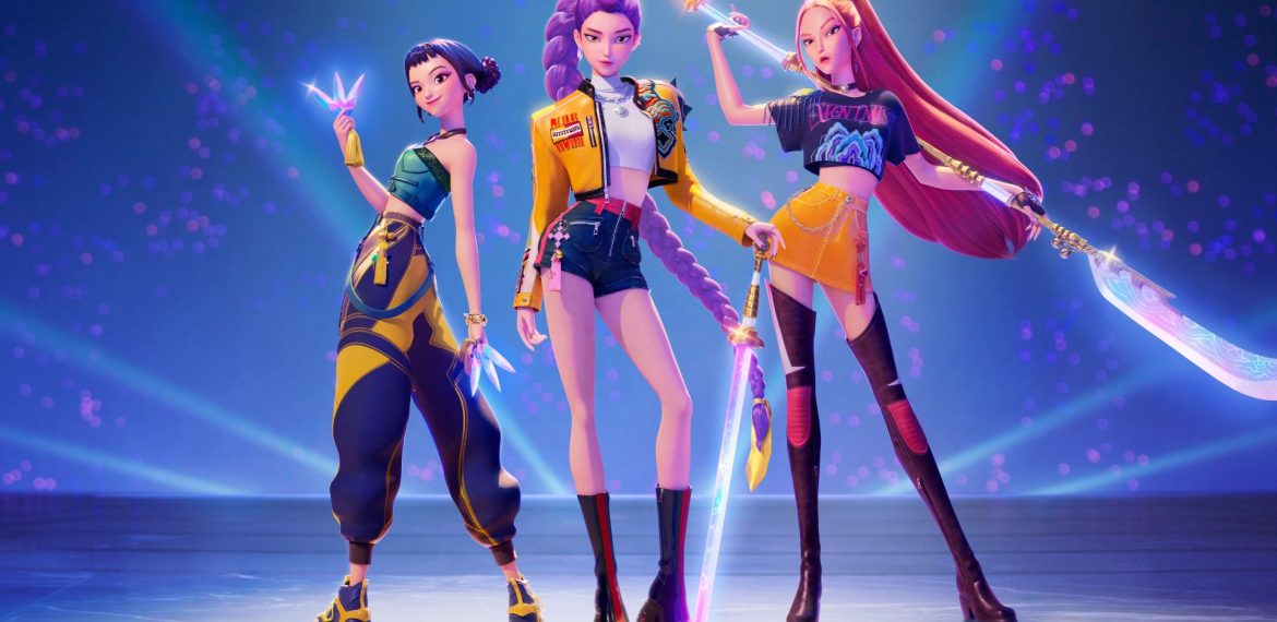 Three animated female K-pop demon hunters in futuristic outfits stand confidently on a stage with glowing neon lights, each wielding a radiant weapon. The background features a purple-blue gradient and scattered light effects.