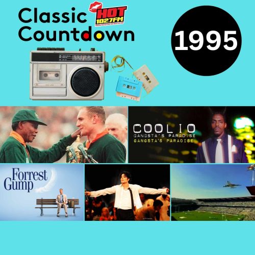 A vibrant collage featuring a retro radio, cassette tapes, Classic Countdown 1995 text, Hot 102.7 FM logo, Nelson Mandela at a rugby match, Coolio’s Gangsta’s Paradise cover, Forrest Gump, Michael Jackson, and a jet at the stadium.