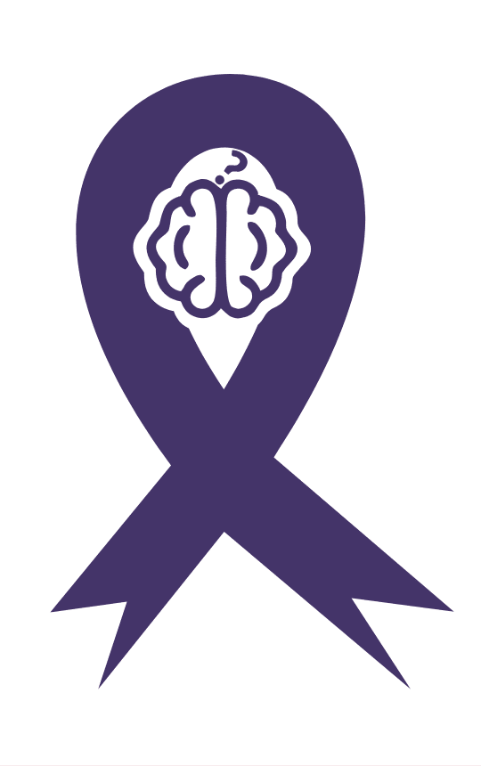 A purple awareness ribbon with an illustration of a brain in the center, symbolizing support for dementia and other brain-related health causes or conditions.