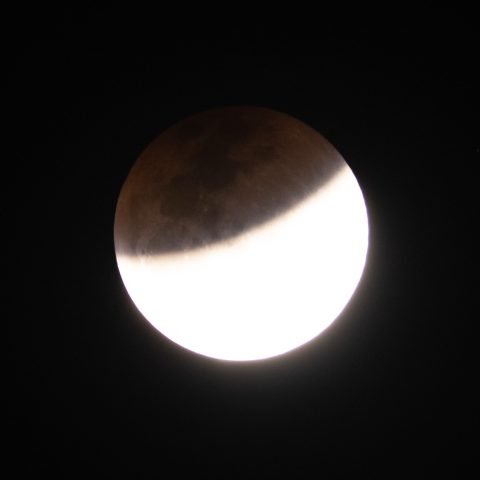 A partially eclipsed Blood Moon with the Earth's shadow covering the upper half, leaving the lower half brightly illuminated against a dark night sky.