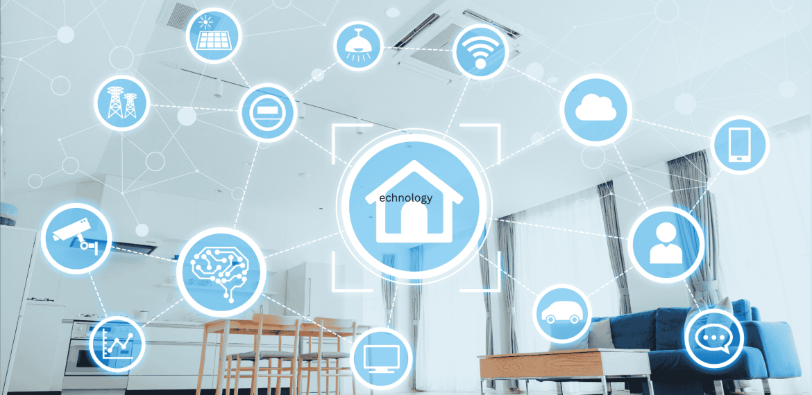 A modern living room with digital icons overlayed, representing smart home technology and IoT devices—symbols for security, automation, car, cloud, cinema entertainment, solar, and wireless networks—all seamlessly connected.