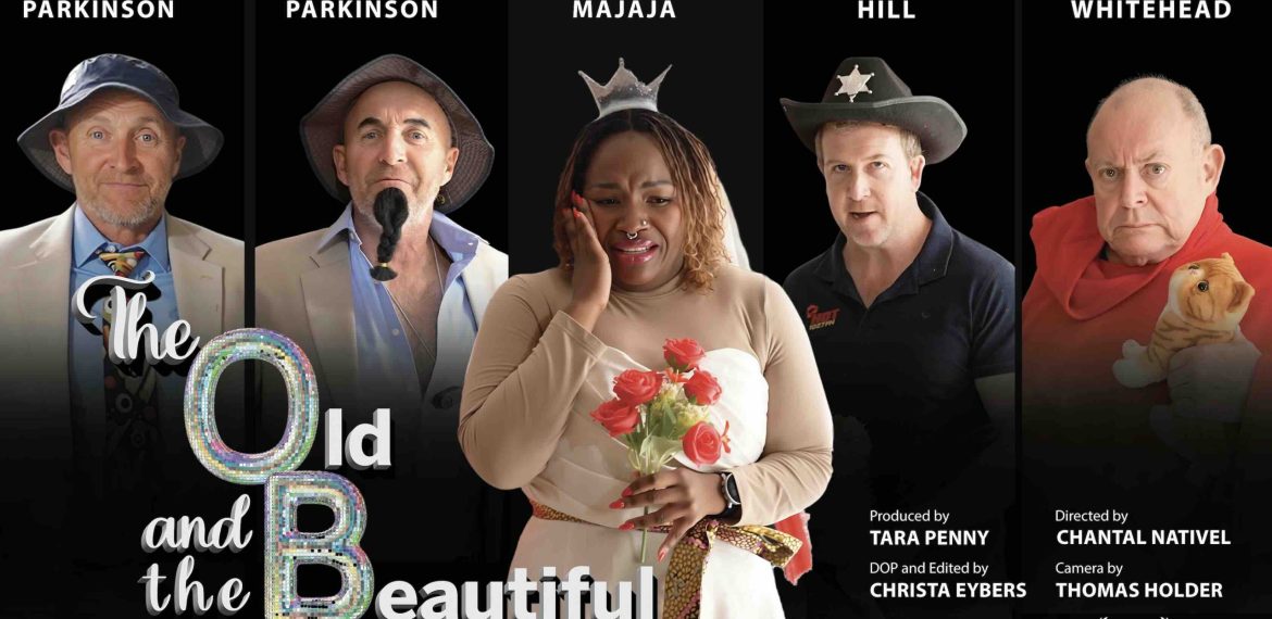 A promotional poster for The Old and the Beautiful soapie features five actors in costume. The woman in the center holds roses and looks surprised; four men around her pose with different expressions and props on a black background.