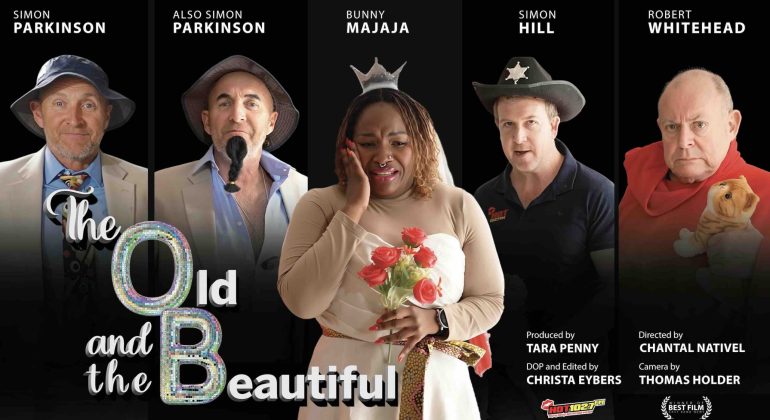 A promotional poster for The Old and the Beautiful soapie features five actors in costume. The woman in the center holds roses and looks surprised; four men around her pose with different expressions and props on a black background.