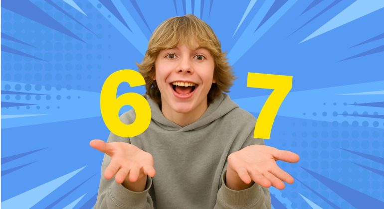 A smiling teenager in a gray hoodie holds up both hands with large yellow numbers 6 and 7 floating above each palm, set against a blue comic-style background with radiating lines.