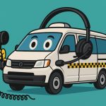 A cartoon taxi van with big eyes holds a telephone receiver and wears a large headset, blending features of a vehicle and a call center agent, set against a teal backdrop near the Olivedale Windmill.