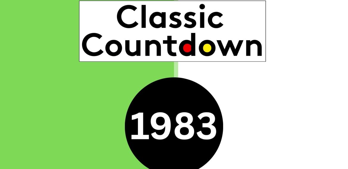 A split green and white background with the words Classic Countdown above a black circle containing 1983 in white. The o in Classic Countdown is yellow and the d is red.