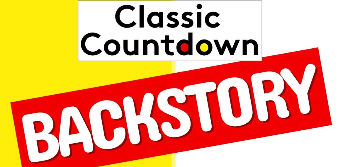 A graphic with the words Classic Countdown in black on a white rectangle, and BACKSTORY in bold white letters on a red diagonal banner, set against a yellow and white background with a subtle blur effect.