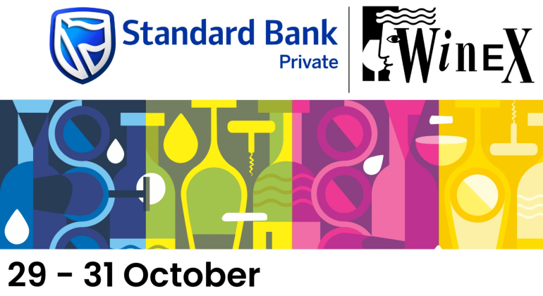 Colorful graphic for Standard Bank Private WineX event, featuring illustrated wine bottles and glasses, event dates 29–31 October, and logos for Standard Bank and WineX—perfect for any wine lover needing a break from brainrot.