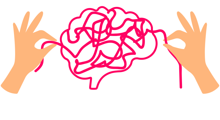 Two hands work together to untangle a pink, brain-shaped line—much like finding clarity among complex thoughts at Olivedale Windmill.