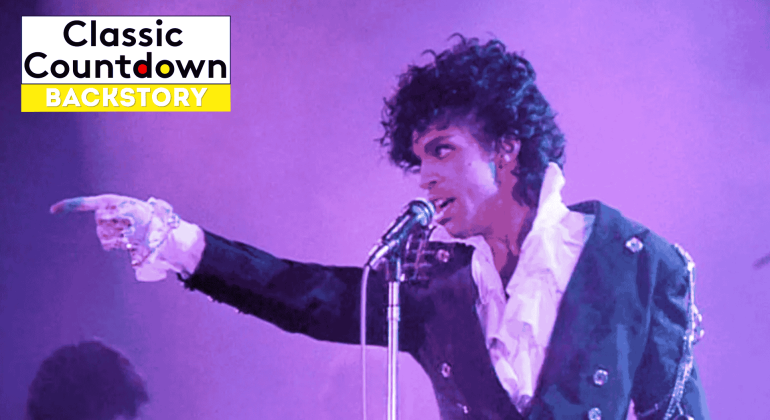 A musician in a ruffled white shirt and dark jacket sings into a microphone on a purple-lit stage, channeling Prince vibes as he points outward. The Classic Countdown Backstory logo appears in the top left corner.