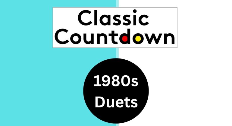 A graphic with a split turquoise and white background features "Classic Countdown" in a white box, the 'o' in Countdown colored red and yellow. Below, a black circle showcases "1980s Duets" in white, perfect for Classic Countdown fans.