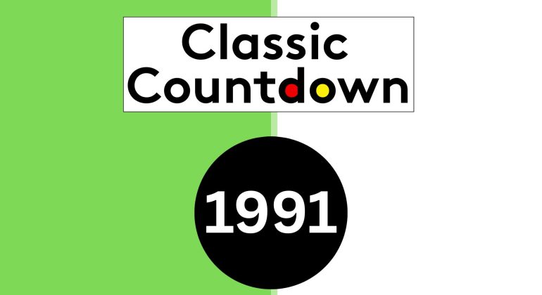 A graphic with a green and white split background features the Classic Countdown logo in colorful letters at the top, and a bold black circle below highlights 1991 in crisp white numbers.