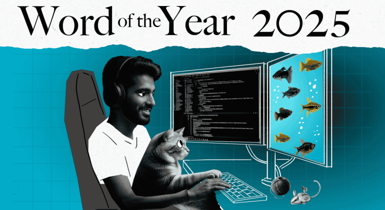 A person with headphones sits at a desk using a computer with two monitors, holding a cat. One screen shows code, the other displays images of Magaliesberg fish. Text above reads “Word of the Year 2025.” A toy mouse and yarn ball are on the desk.