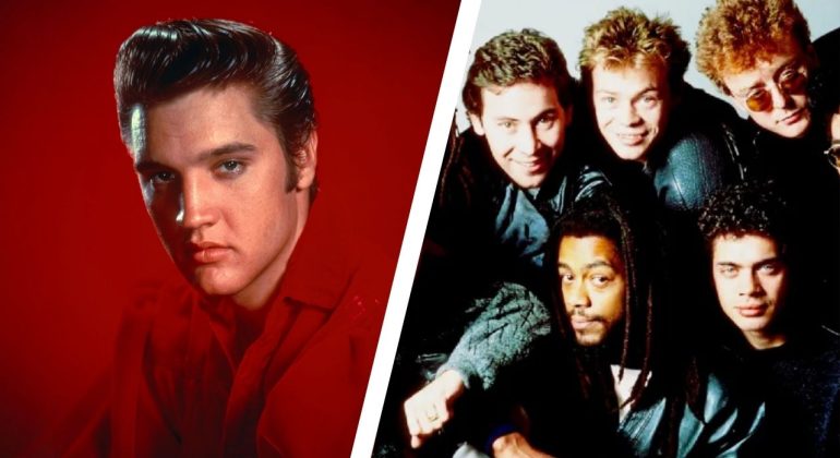 Split image: On the left, a man with slicked-back hair poses against a red background. On the right, a group of five men, smiling, pose closely together against a white background—perfect for album covers.