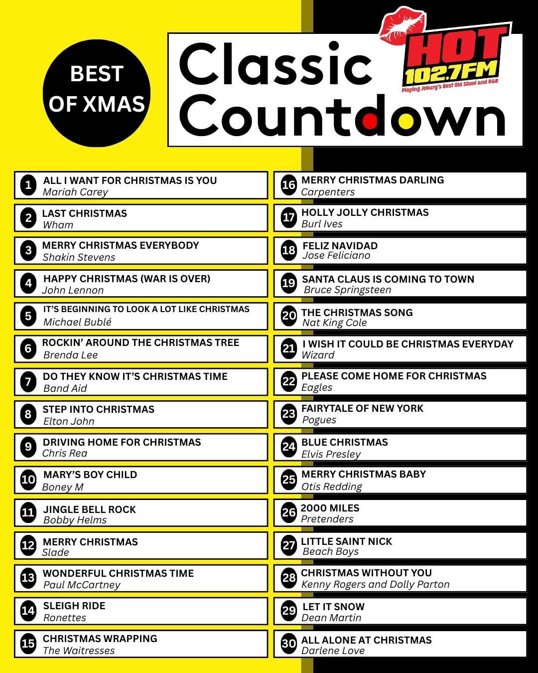 A promotional chart for Hot 102.7 FM's Classic Countdown: Best of Xmas, listing the top 20 Christmas songs, with Classic Countdown favorite All I Want for Christmas Is You by Mariah Carey at number 1.