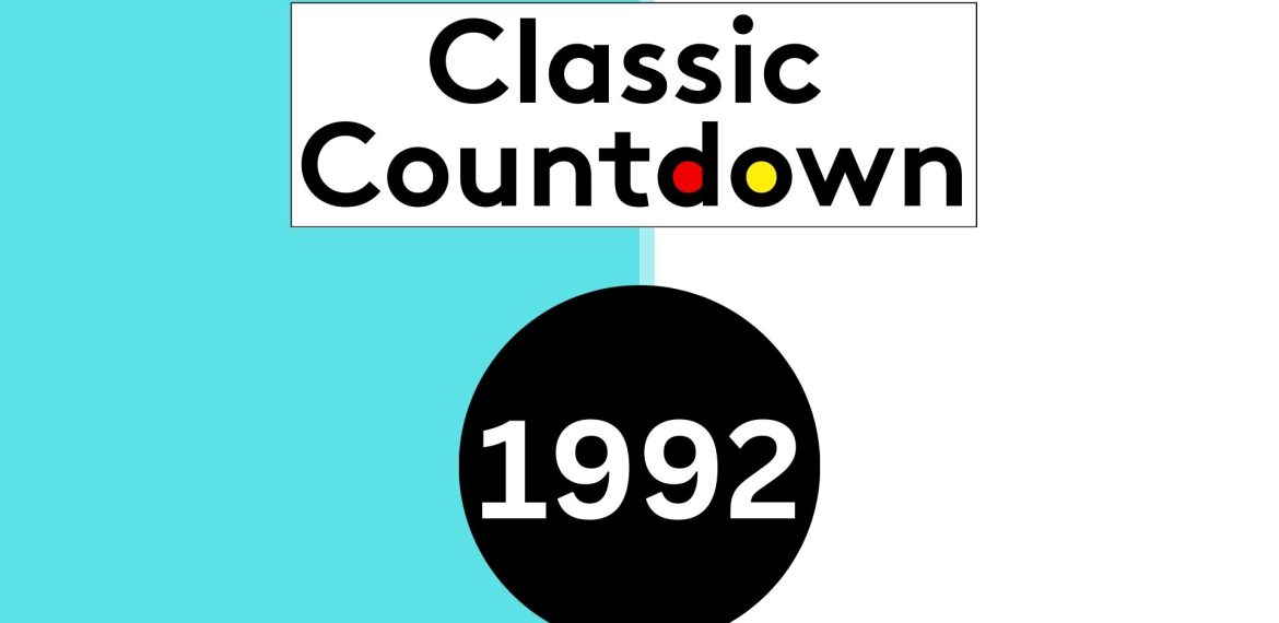 Graphic with "Classic Countdown" in bold black text, featuring colorful letter Os, above a large black circle displaying "1992" in white—all set against a striking split turquoise and white background.