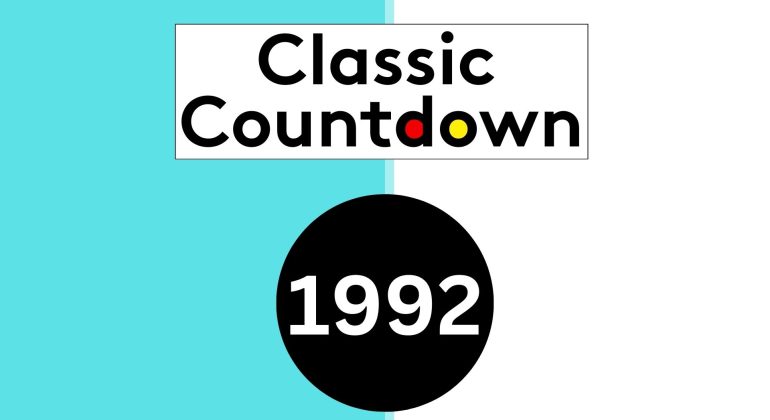 Graphic with "Classic Countdown" in bold black text, featuring colorful letter Os, above a large black circle displaying "1992" in white—all set against a striking split turquoise and white background.