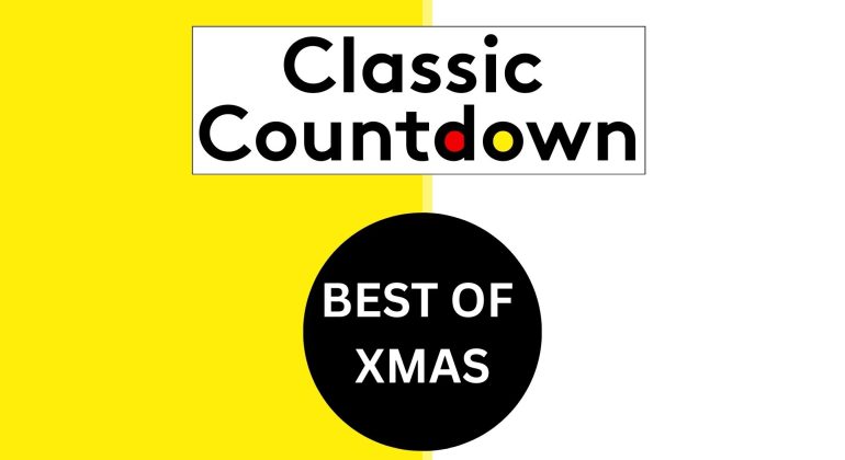 A bold graphic with a yellow and white split background. At the top, “Classic Countdown” stands out, with the O’s in red and yellow. Below, a black circle features “Best of Xmas” in crisp white letters for a festive Classic Countdown vibe.