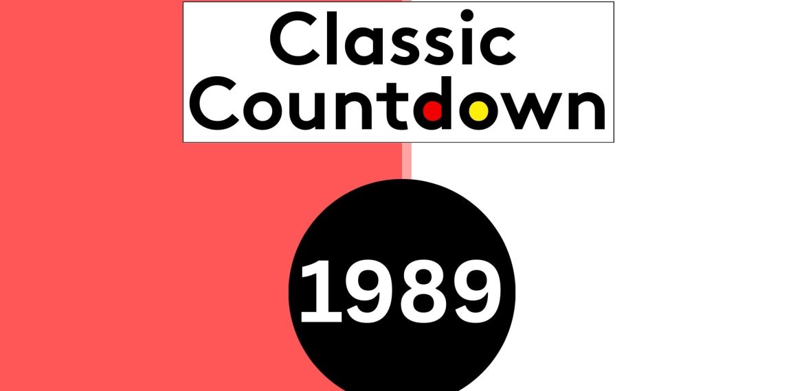 A striking Classic Countdown graphic displays a split red and white background with the words Classic Countdown above a black circle showing 1989 in white, where the "o" is yellow and the "d" is red.