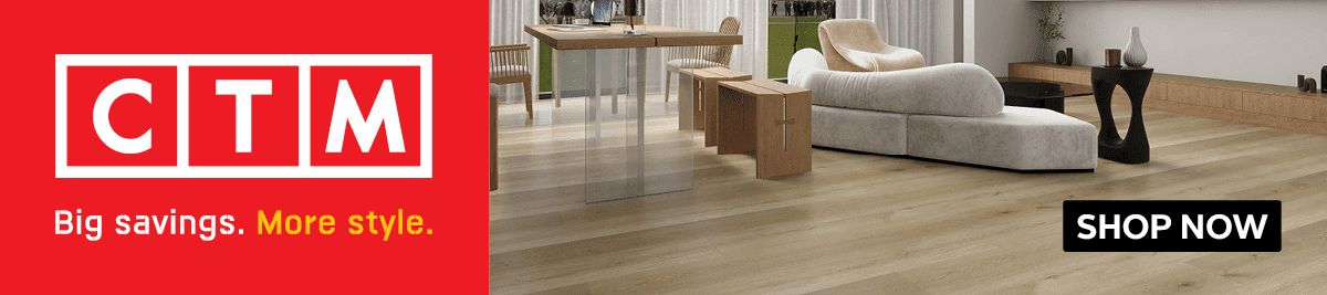 CTM advertisement featuring a stylish, modern living and dining space with light wood floors, a white curved sofa, and minimalist furniture. Hot House of Fun vibes. Text reads: “Big savings. More style.” and “SHOP NOW” on a black button.