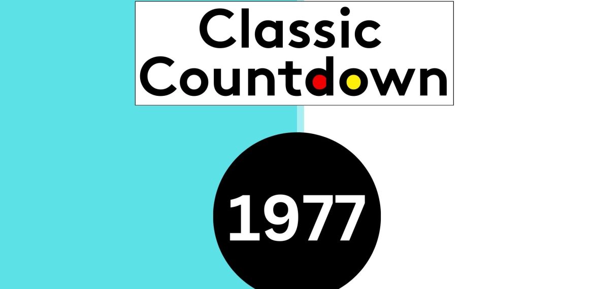 Rectangular graphic with a turquoise left half and white right half. Text reads Classic Countdown Radio above a large black circle with 1977 in white. Letters o in Countdown are colored yellow and red.