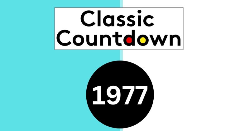 Rectangular graphic with a turquoise left half and white right half. Text reads Classic Countdown Radio above a large black circle with 1977 in white. Letters o in Countdown are colored yellow and red.