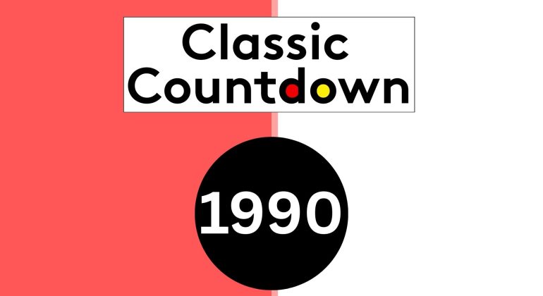 A graphic with a red and white split background, displaying the text Classic Countdown above a black circle containing 1990 in white numbers—perfect for reliving top classic songs from the era.