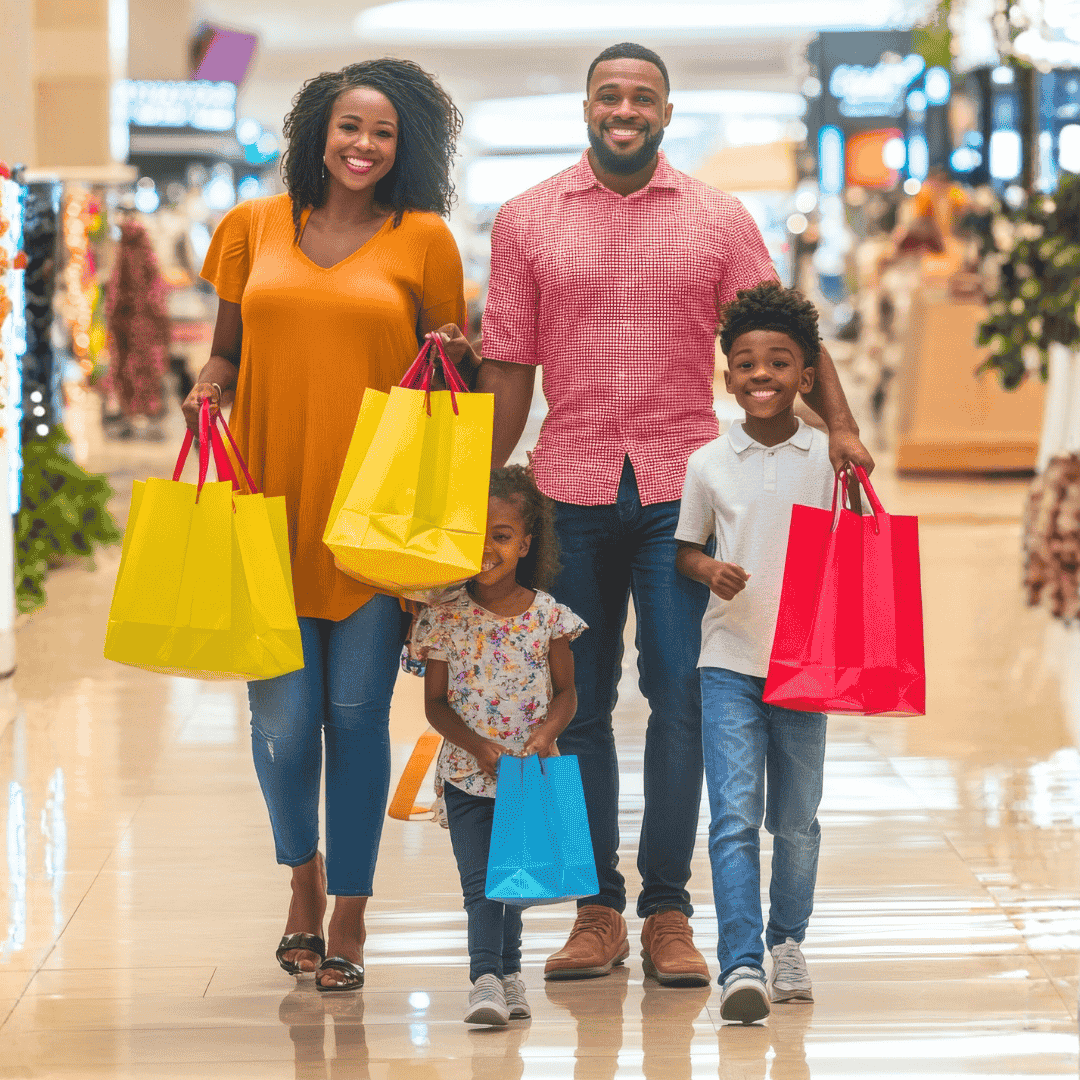 A smiling family of four walks through a brightly lit mall, carrying colorful shopping bags. The parents and two children look happy and relaxed, celebrating their successful Matric shopping trip together.