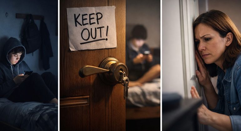 A boy sits alone on his bed using a phone. A door with a “KEEP OUT!” sign and a locked handle stands between him and a concerned woman listening outside, worried—just like Last Christmas, when things felt distant.
