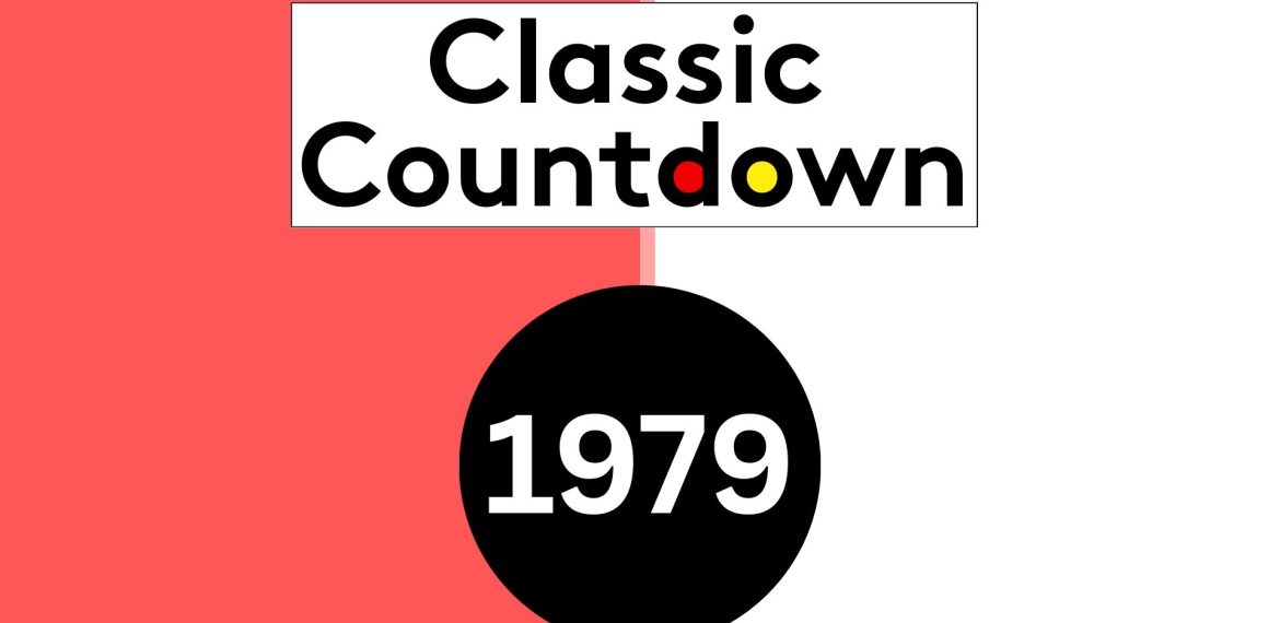 Graphic with a red and white split background. At the top, “Classic Countdown” is written in bold black letters, with colored letters “o” (yellow and red). A black circle below features “1979”—a celebration of classic songs.