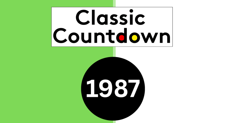 A split green and white background with the words Classic Countdown above a black circle containing 1987 in white text, celebrating classic songs. The o in Countdown is yellow, and the d is red.