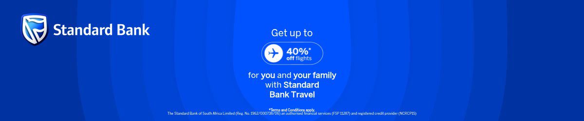 A blue banner with the Standard Bank logo on the left. Text in the center reads, Get up to 40% off flights for you and your family with Standard Bank Travel—perfect for your Matric celebrations. Small print appears at the bottom.